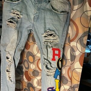 Light Blue Distressed Patchwork Men’s Jeans